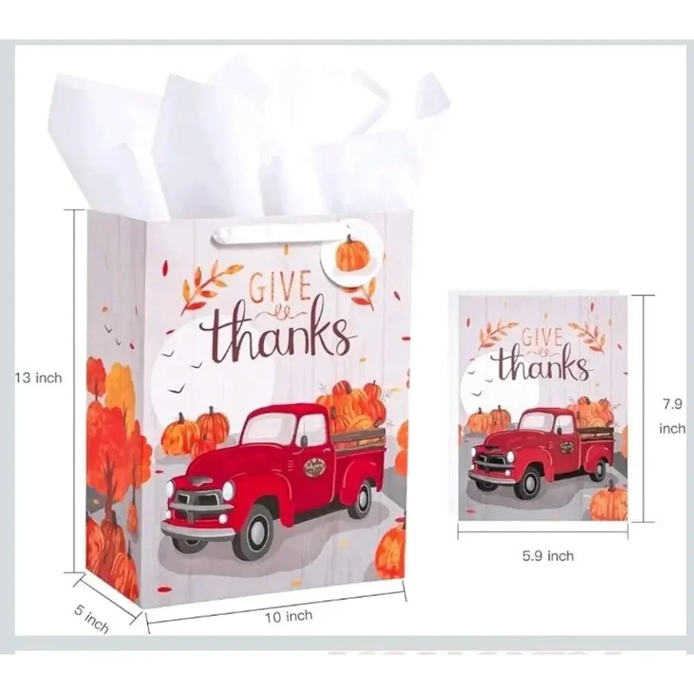 WRAPAHOLIC Large Gift Bag with Card and Tissue Paper 33cm Car Pumpkins and Thank